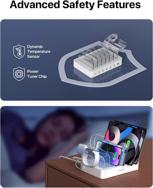 SooPii 60W 6-Port Charging Station for Multiple Devices, PD 20W USB C Fast Charging, 6 Short Cables