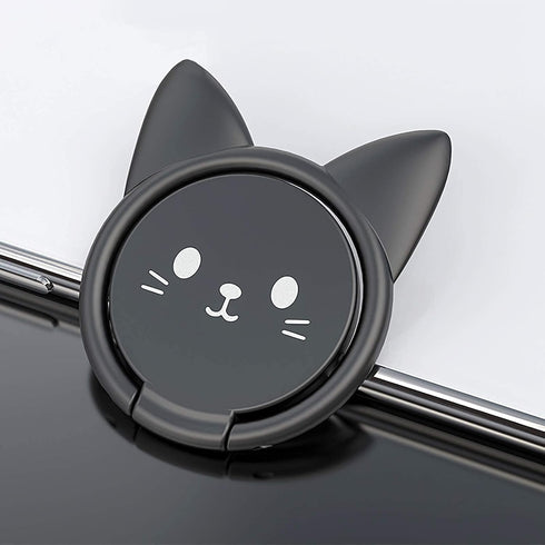 Ultra-Thin Cute Cat Metal Phone Ring Holder, 360° Rotation Kickstand for Magnetic Car Mount (Black)