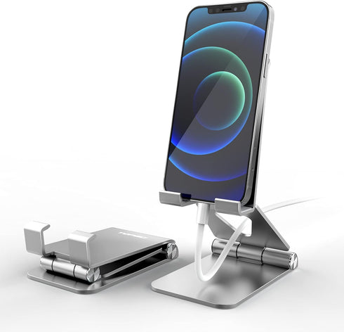Adjustable Cell Phone Stand Holder, Fully Foldable Thick Aluminum Cradle for Desktop (Silver)