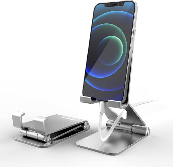 Adjustable Cell Phone Stand Holder, Fully Foldable Thick Aluminum Cradle for Desktop (Silver)