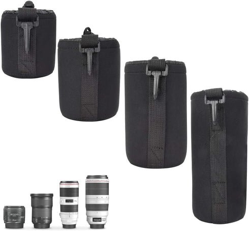 4PCS S M L XL Camera Lens Storage Bag, Portable Neoprene Black Elastic DSLR Lens Cover Pouch Set