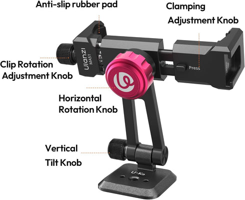 ULANZI MA51 17 16 15 14 Metal Phone Tripod Mount, Universal Phone Clamp with Arca QR Base, Cold Shoe, Aluminum Tripod