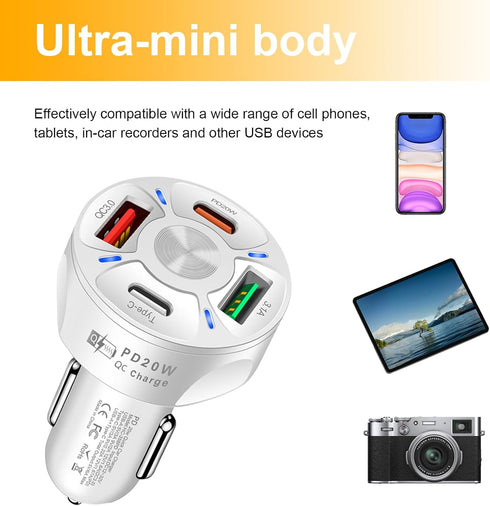4 Ports Car Fast Charging Charger, QC 3.0, PD 20W, Type C, 3.1 A Cigarette Lighter Adapter for Car SUV, White