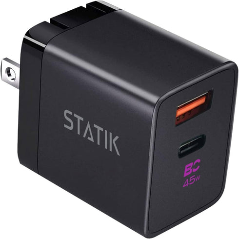 STATIK Fast-Charging GaN Power Adapter - 45W Dual USB C & USB, Foldable Compact Travel Charger for iPhone, iPad,
