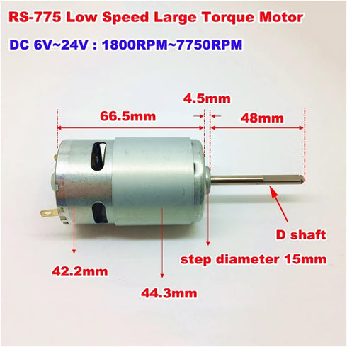 FHVQRCUNS 42mm RS-775 12V-24V 7750RPM 48mm Carbon Brush Electronic Starter DC Large Torque D-Shaft Long Shaft DIY Tool
