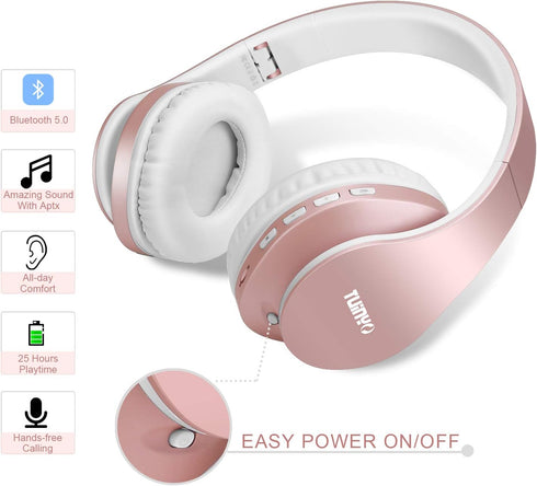 TUINYO Wireless Headphones Over Ear, Bluetooth Headphones with Microphone, Foldable Stereo Wireless Headset in Rose Gold