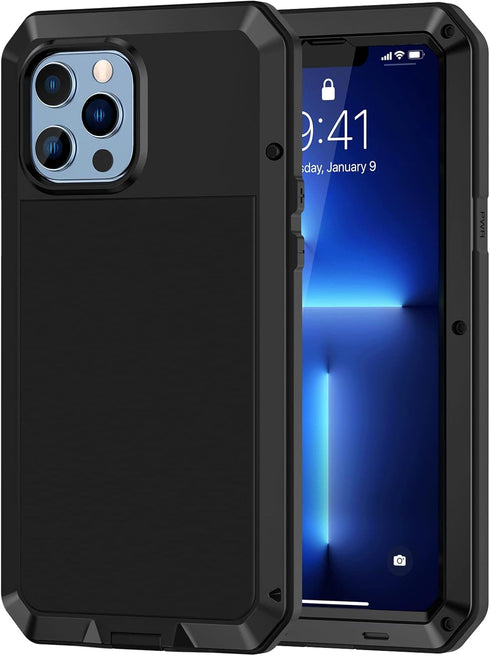 Lanhiem Heavy Duty Metal Case for iPhone 13 Pro Max, Shockproof Rugged Cover with Built-in Glass Screen Protector, 360
