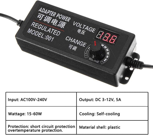 Yetaida 100-240V 3-12V 5A 50-60hz (3V-12V 5A) to Power Supply Adjustable Universal AC/DC Switching Power Adapter