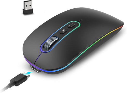 cimetech Bluetooth Mouse, Wireless Rechargeable Mouse, LED Silent Computer Mice with Dual Mode (Bluetooth 5.1 and 2.4G), Compatible with iPad, Laptop, PC, Mac, Windows (Black)