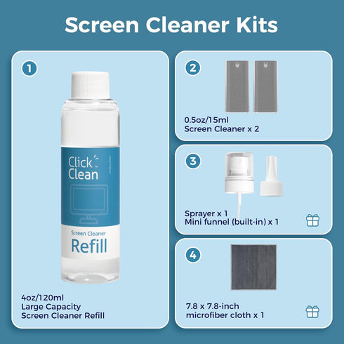 CLICK CLEAN Screen Cleaner Kits, 2 All-in-One Mist Cleaners with Refill, Microfiber Cloth, Mini Funnel, and Sprayer for