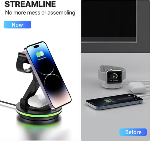 Foldable 3 in 1 Charging Station for iPhone, Magnetic Charger Stand for iPhone 15 14 13 12 11 X Pro Max, Watch, AirPods