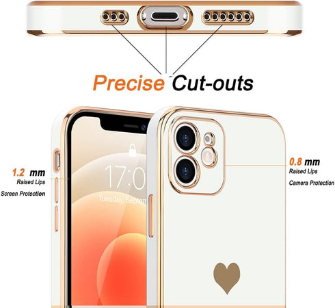 Teageo Cute Love-Heart Case for iPhone 12, White, Luxury Bling Soft Back Cover with Raised Full Camera Protection
