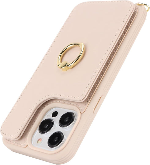 iPhone 15 Pro Case with Card Holder and Strap for Women, Crossbody Lanyard, Stand Ring Kickstand, Cute Wallet 6.1"