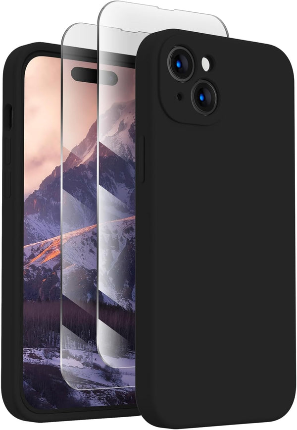 FireNova iPhone 15 Plus Case, Black Silicone with Camera Protection & 2 Screen Protectors, 6.7" Soft Microfiber Lining.