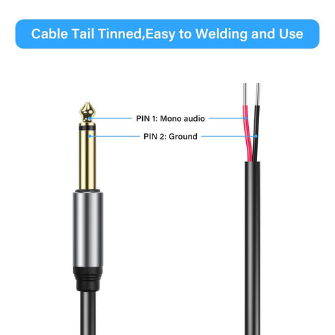 GINTOOYUN 2-Pack 6.35mm Male Plug to Bare Wire Open TRS Stereo Audio Cable Adapter - 0.3m/11in