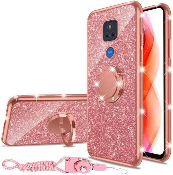 Phone Case for Motorola G Play 2021, nancheng Soft TPU Silicone Clear Cover with Lanyard Stand - Rose Gold