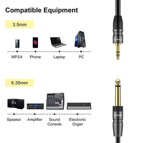 J&D 1/4 inch TS to 3.5mm TRS Cable, Heavy Duty Copper Shell, 6.5 Feet Male to Male Stereo Aux Adapter