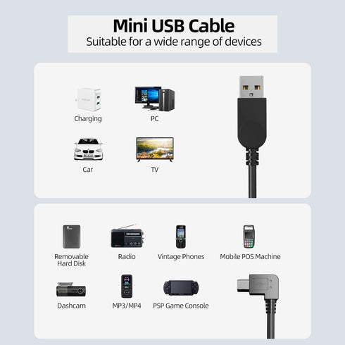 Mini USB Cable, 90 Degree USB 2.0 A to Mini B, Right Angle USB 2.0 A-Male to Mini-B Adapter Cord, 3pcs for Dash Cam