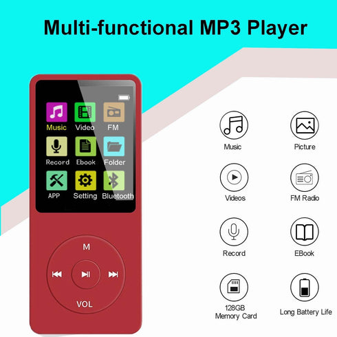 imkavery 128GB MP3 5.2, Player with Bluetooth Portable Red Music Player for Kids with Built-in HD Speaker, FM Radio