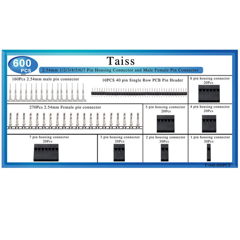 Taiss 600PCS Dupont Connector Kit, 2.54mm 1/2/3/4/5/6/7 Pin Housing Connector and Male Female Crimp Pin