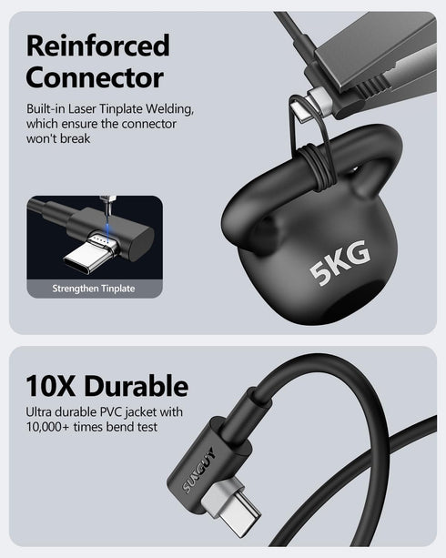 SUNGUY 1FT USB C 90 Degree Cable 2-Pack, Fast Charge & Sync Cord for Samsung Galaxy S20, S10, Note 20, Moto G7/G8.