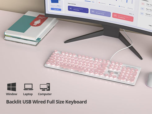 iRoboosta 104 Quiet Keyboard Wired Membrane Keyboard Pink, Full Size Keys Typewriter Key Board with Number Pad, White
