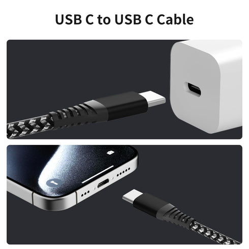 3Pack 60W USB C to USB C Charger Cable, Nylon Braided Type C Fast Charging Cable for TypeC Phones, 3FT