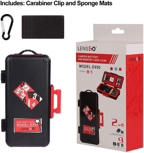 LENSGO Camera Battery Memory Card Case, Water-Resistant Hard Protector for 3 Batteries & 6 SD Cards (Red)