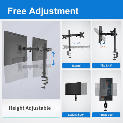H&C(hcck&Cllassp) 17-27 17.6lbs, Dual Monitor Mount, Monitor Arm with Swivel, Tilt, Rotation, Height Adjustable, VESA