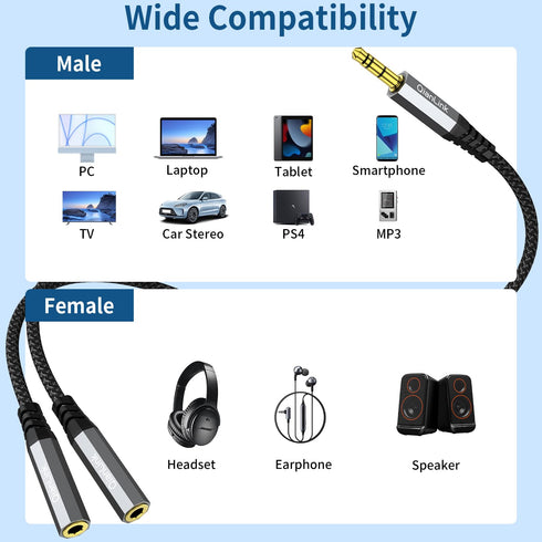 QianLink 3.5mm Headphone Splitter, 1ft Male to 2 Female Ports for PS4, PS5, Xbox, Switch, PC, Phone & Tablet.