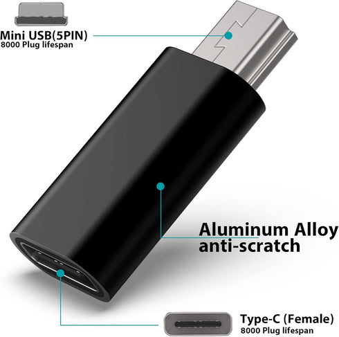 USB C to Mini USB Adapter, Type C Female to Mini USB 2.0 Male Convert Connector Support Charge & Data Sync Compatible GoPro Hero 3+, MP3 Players, Dash Cam, Digital Camera, Receiver etc(2-Pack) Black