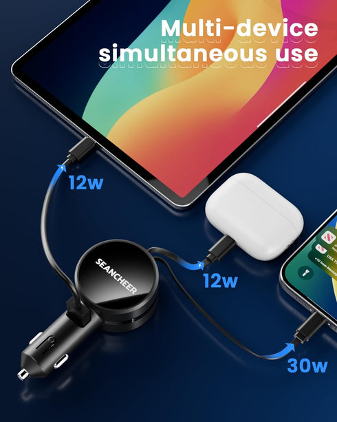 Retractable Car Charger for iPhone and Android, Fast Charging with Retractable Cords (2.6Ft), USB-C Ports, Compatible