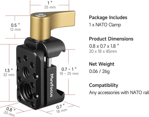 NATO Clamp, Quick Release Lock Clamp with 1/4" 3/8" ARRI Thread, Standard NATO Clamp for Camera Cage