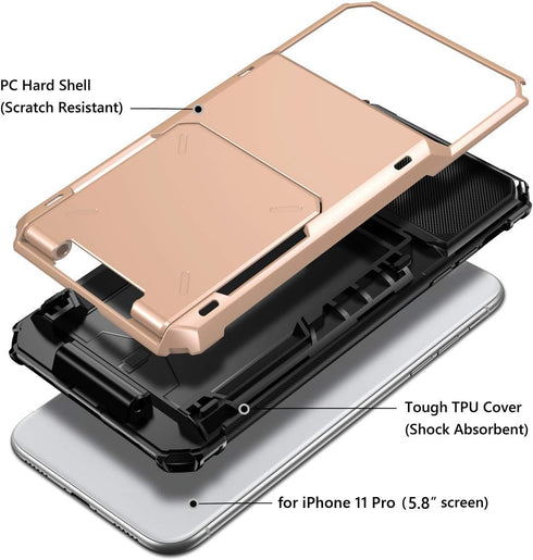 Vofolen iPhone 11 Pro Wallet Case - 4-Card Holder, Anti-Scratch Dual Layer Hybrid Bumper Armor, Rose Gold
