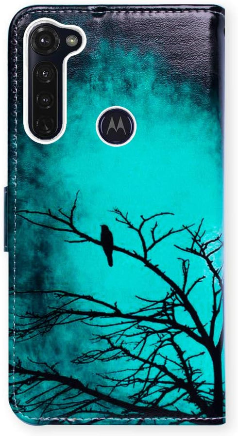 Case for Moto G Stylus/Moto G Pro, Black Bird Green Leather Flip Wallet Cover with Card Slot Holder