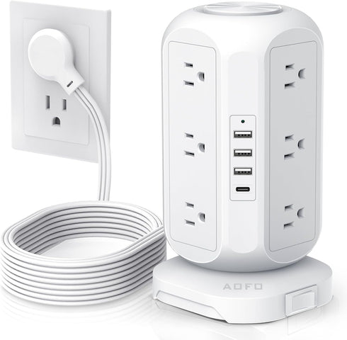 AOFO Tower Power Strip Flat Plug with 12 Outlets 4 USB(1 USB C),