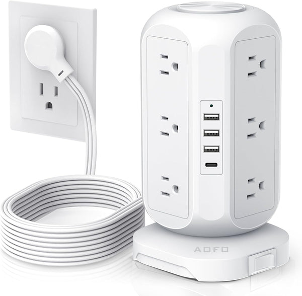 AOFO Tower Power Strip Flat Plug with 12 Outlets 4 USB(1 USB C),
