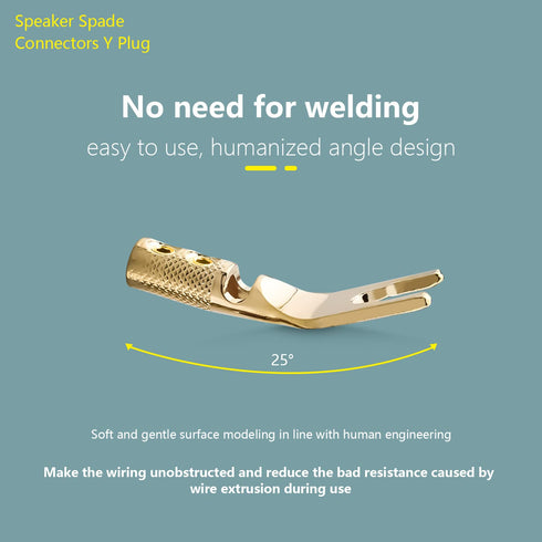 Tertullus 8 Pcs Pure Copper Speaker Spade Connectors, 45 Degree Gold Plated Screw Locking Adapter Fork Spade Plugs
