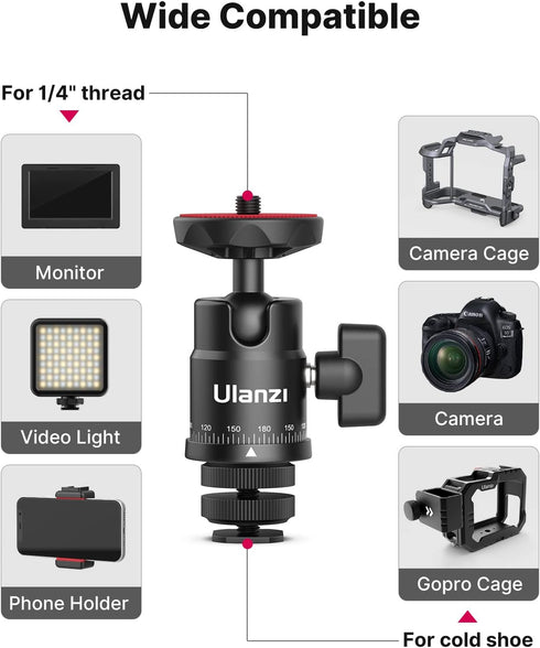 Mini Ball Head, ULANZI H28 Panoramic Tripod Head + Dual Hot Shoe Mount DSLR Camera Adapter