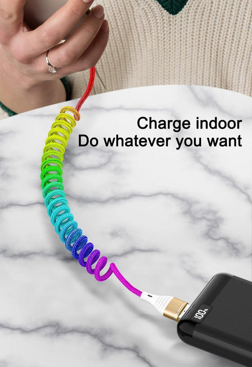 Rainbow Coiled Fast Charging Cable, USB C Spring Retractable Charger Cable for Car, 3FT Nylon Braided Type C Data