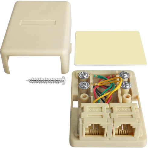 NECABLES Phone Jack Surface Mount Dual Port Telephone Jack Box, 4 Screw Terminals to 2 RJ11 Female Ivory