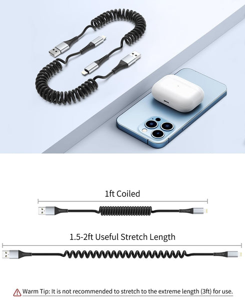 Coiled Lightning Cable, 2 Pack Coiled iPhone Charger Cable for Car Compatible with iPhone 14 13 12 11 Pro Max