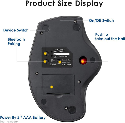 SANWA Bluetooth Wireless Ergonomic Trackball Mouse, Optical Rollerball Mice, Programmable Silent Buttons, 40mm Trackball