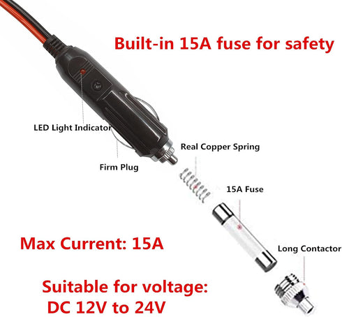 AEISVIK 5.5 2.1mm 10ft 12v 24v 16AWG 15A DC x Connector Car Charger Power Supply Cord - Cigarette Lighter Male Plug
