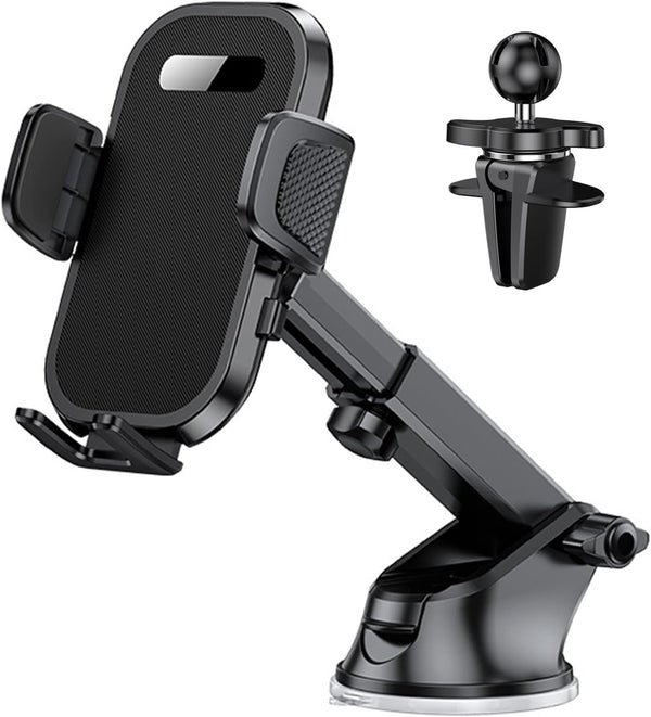 Car Phone Holder for Windshield Dashboard Air Vent, Universal Hands-Free Cell Phone Holder for iPhone Samsung (Black)