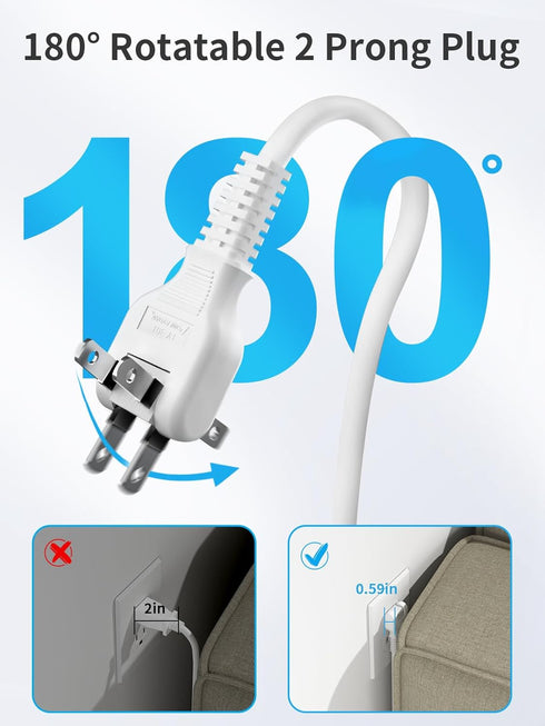 NTONPOWER Long Extension Cord 15FT, 3 Outlets 2 USB Ports, 2 Prong Power Strip with Wall Mount Adapter