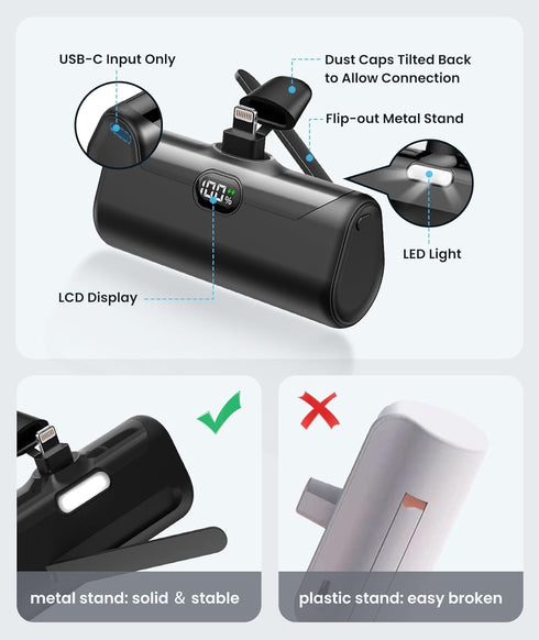 Small Portable Charger for iPhone, 5000mAh Mini Battery Pack with Builtin Metal Stand, MFi Certified Compact Power Bank with LCD Display & LED Light for iPhone 14/13/12/11/XR/X/SE/8/7/6Pro Max-Black