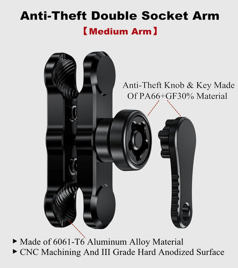 BRCOVAN Anti-Theft Aluminum Alloy Double Socket Arm Compatible with RAM Mounts B Size 1'' Ball Mounting Base & Bike Motorcycle Phone Holder (Medium Arm)
