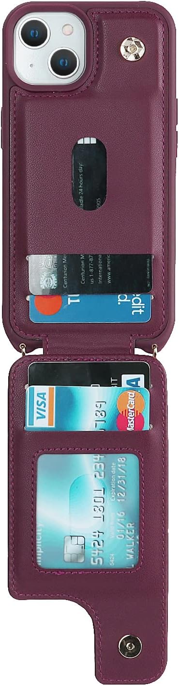 iPhone 15 Case with Card Holder and Strap for Women, Crossbody Lanyard, Stand Ring Kickstand, Phone Wallet Cases 6.1