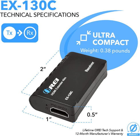 OREI 1080p HDMI Extender Over Ethernet up to 131 Feet - 1080@60Hz HDMI 1.4 HDCP 1.4, Power Over Cable (EX-130C)